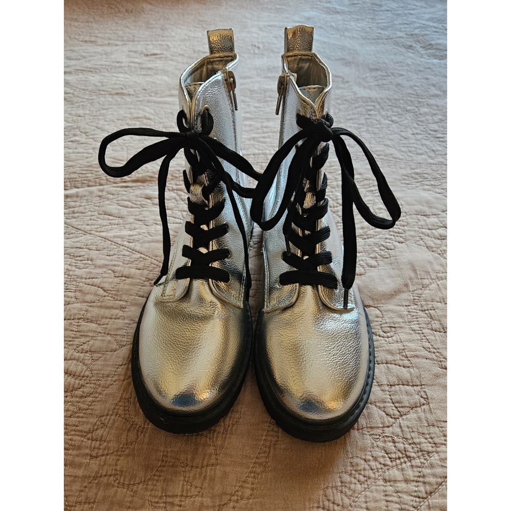 ThereAbouts Women's Reese Metallic Silver Moto Combat Boots Side Zip, Size 5